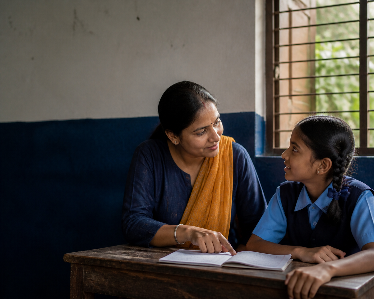 An Indian teacher helping a child learn in a classroom